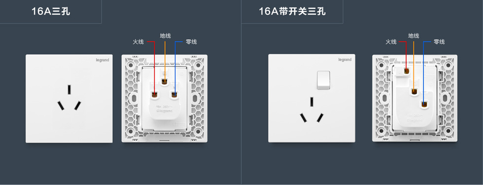 罗格朗仕典/逸景16A三孔/三孔带开关插座接线图